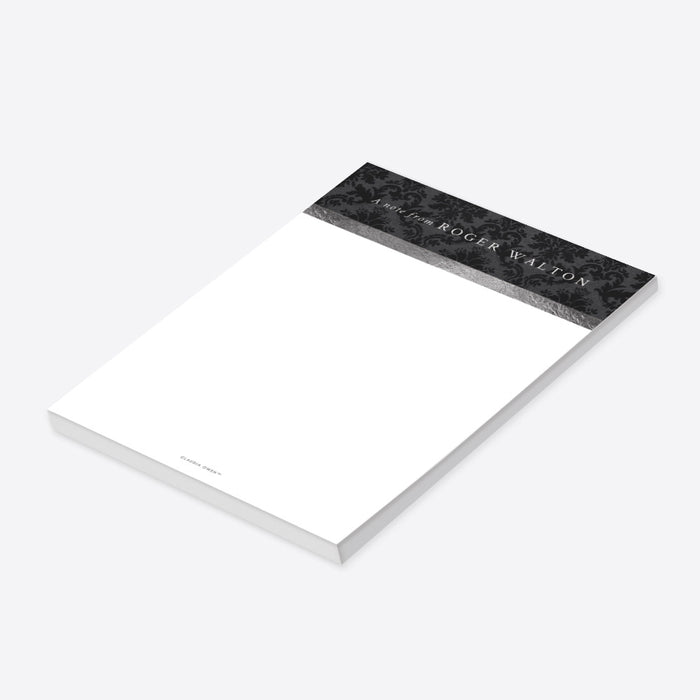 Personalized black damask notepad with gray accent band and clean white writing area featuring a custom name-side