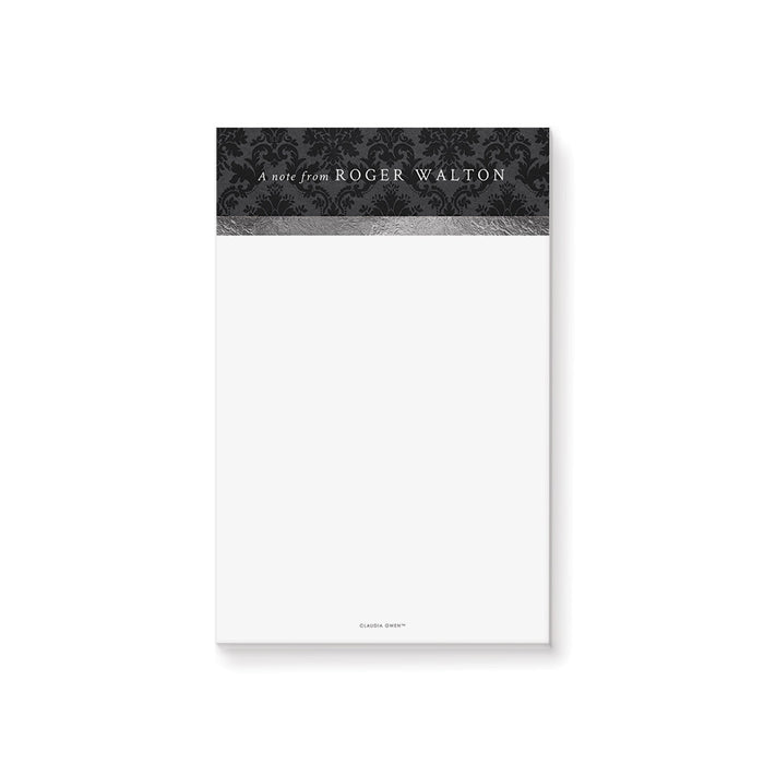 Personalized black damask notepad with gray accent band and clean white writing area featuring a custom name
