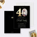 Personalized black and gold 40th birthday photo invitation for women with large 40, elegant script, honoree’s name, date, venue and RSVP details-front-back