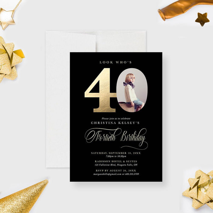 Personalized black and gold 40th birthday photo invitation for women with large 40, elegant script, honoree’s name, date, venue and RSVP details-front