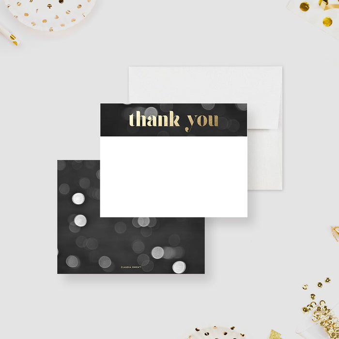 Personalized black and gold 40th birthday thank you card with black bokeh header, gold Thank You wording and white handwritten-message area-front-back