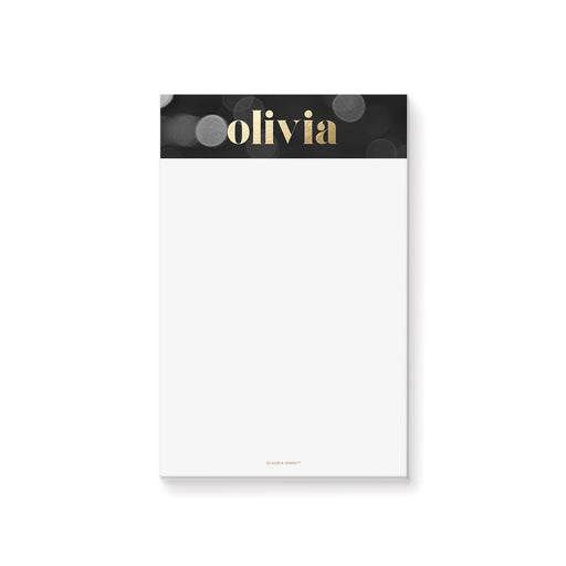 Personalized black and gold bokeh notepad for women with custom name and spacious white writing area