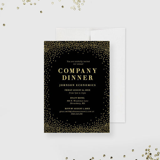 An elegant black and gold invitation card for a company dinner party, with details such as date, time, and RSVP information. The card is presented against a white background with confetti accents.