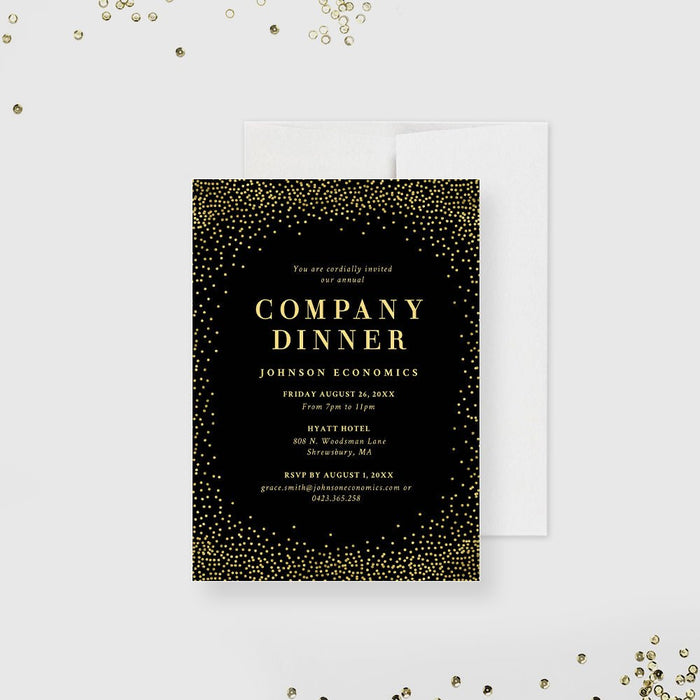 An elegant black and gold invitation card for a company dinner party, with details such as date, time, and RSVP information. The card is presented against a white background with confetti accents.