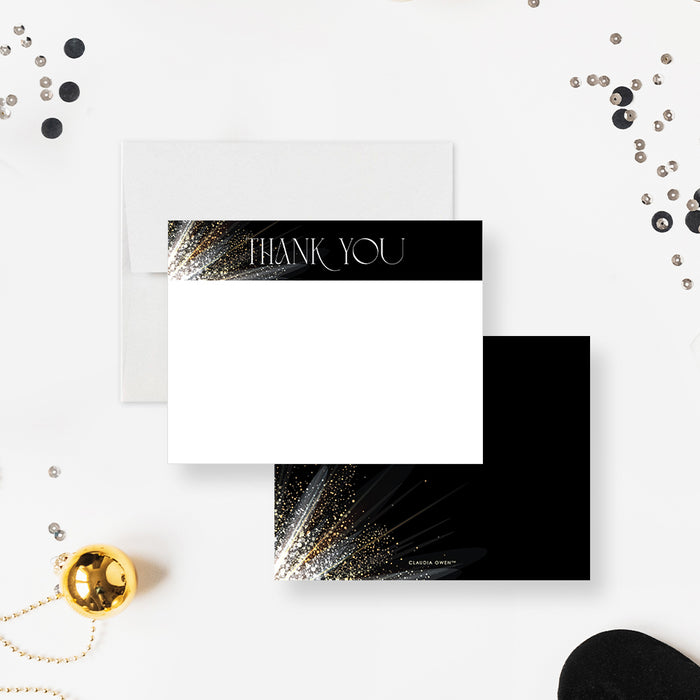 Black and gold thank-you card with elegant white lettering, sparkling gold accents, and a blank white area for a handwritten message.