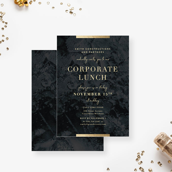 Black marble corporate lunch invitation with gold lettering and a white envelope-front-back