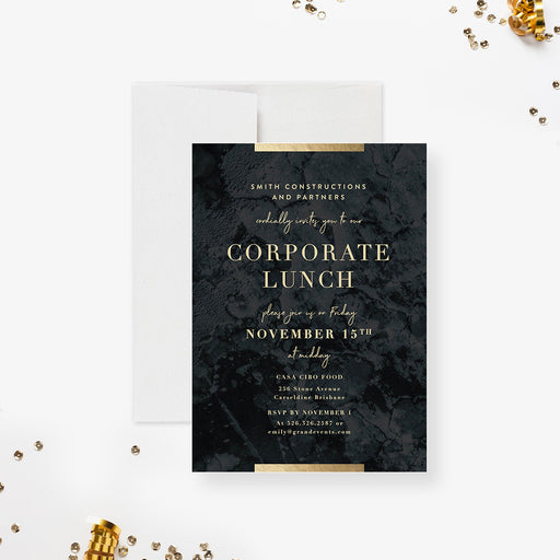 Black marble corporate lunch invitation with gold lettering and a white envelope-front