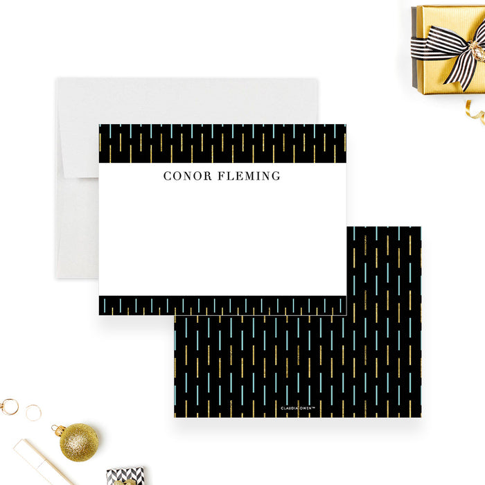 Personalized black and gold note card with modern geometric border and white writing area-front-back