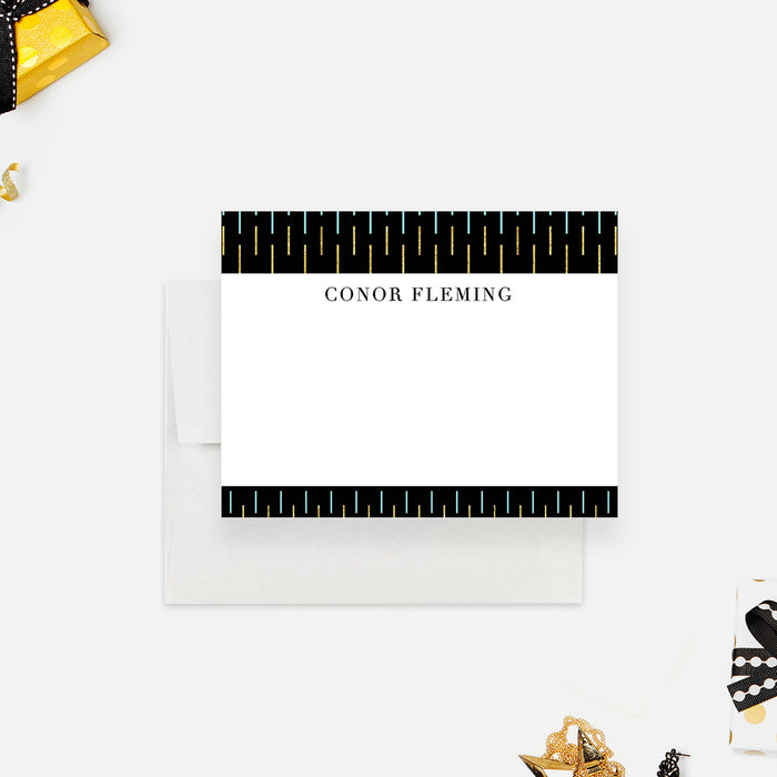 Personalized black and gold note card with modern geometric border and white writing area-front