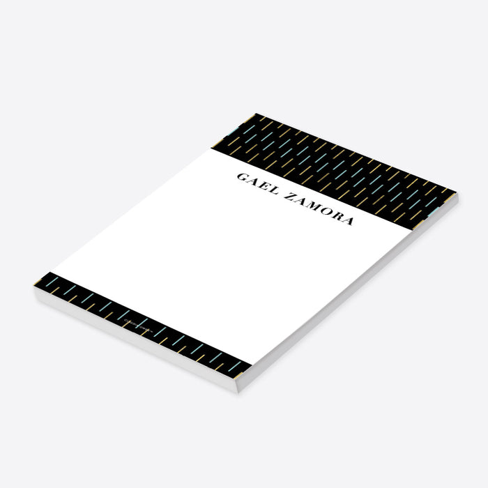 Personalized black and gold geometric notepad with modern border and custom name-side