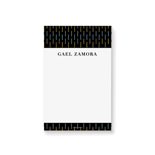 Personalized black and gold geometric notepad with modern border and custom name