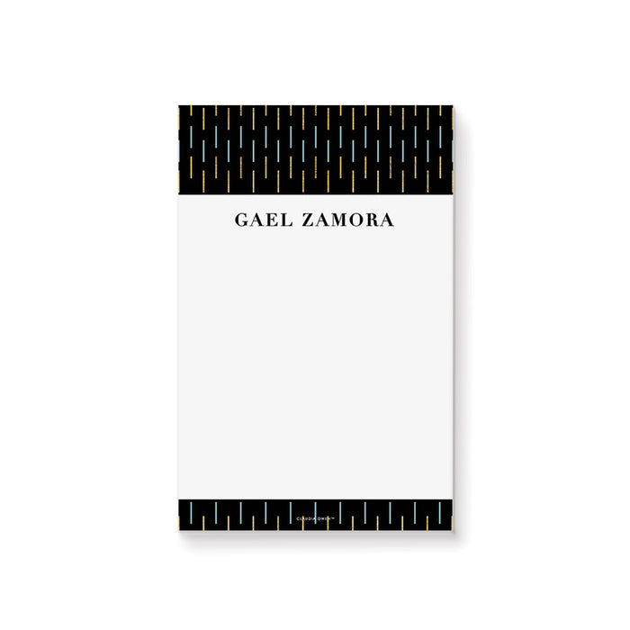 Personalized black and gold geometric notepad with modern border and custom name