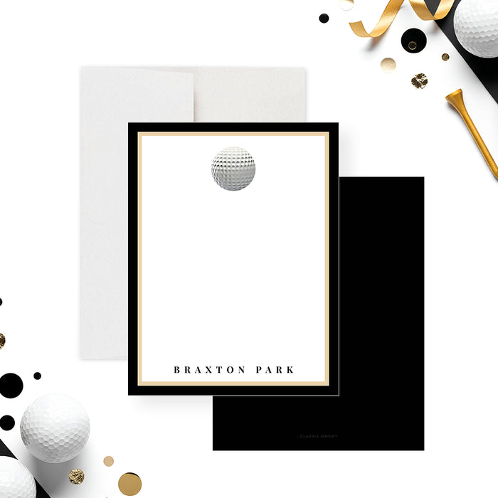 golf tournament thank you card with a golf ball artwork, elegant black and gold border, custom name, and space for handwritten messages-front-back