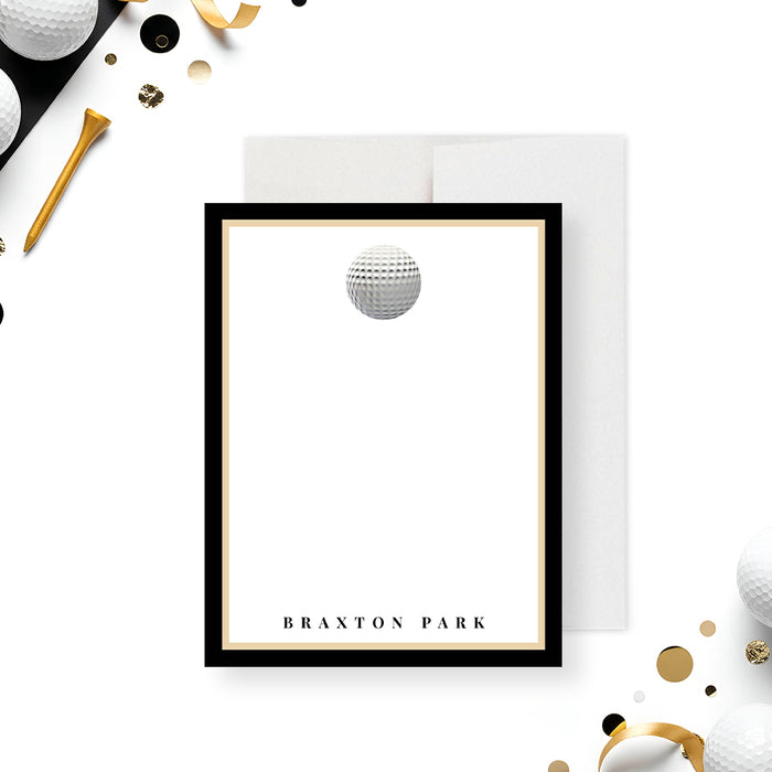 golf tournament thank you card with a golf ball artwork, elegant black and gold border, custom name, and space for handwritten messages-front