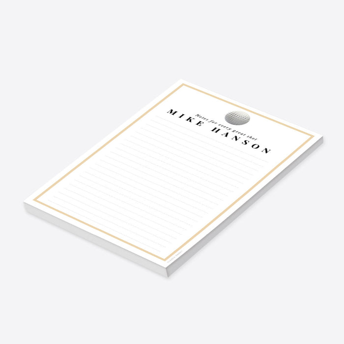 personalized golf notepad with golf ball artwork, custom name, lined writing space, and a simple black and warm accent design-side