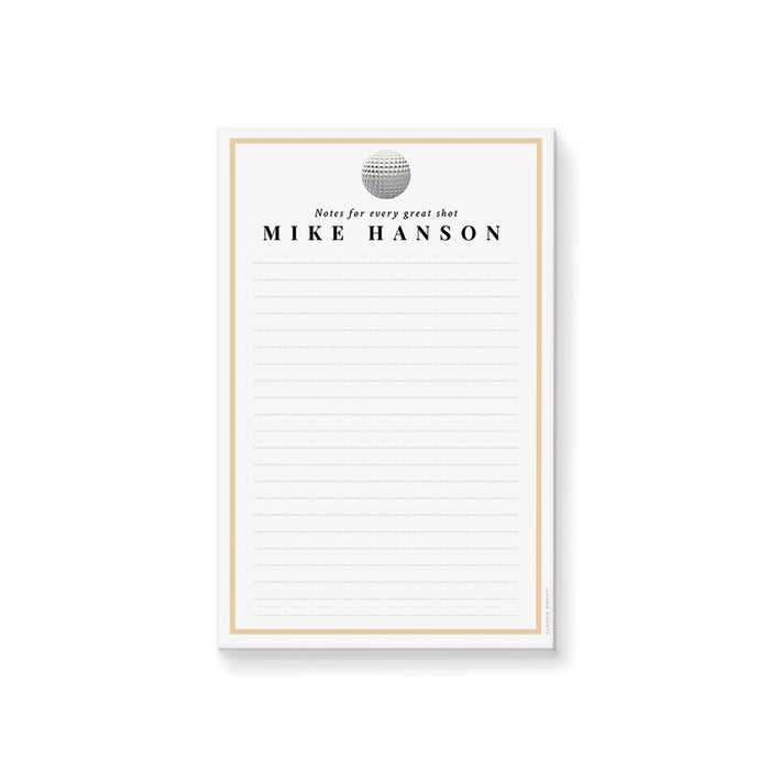 personalized golf notepad with golf ball artwork, custom name, lined writing space, and a simple black and warm accent design