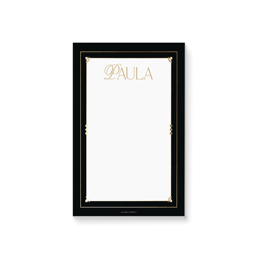 Personalized black and gold notepad with an elegant border and custom name