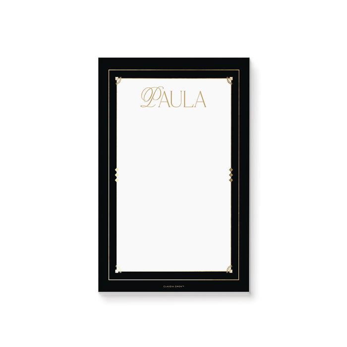 Personalized black and gold notepad with an elegant border and custom name