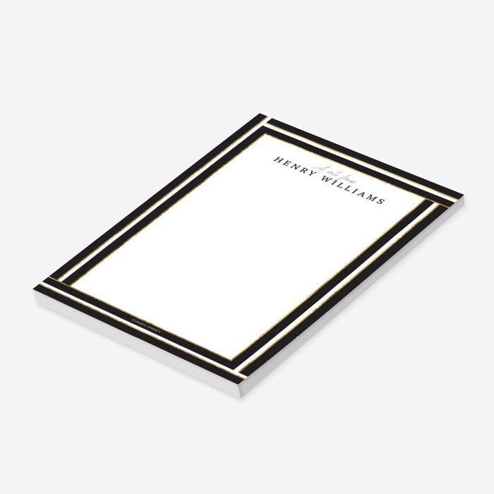 Personalized black and gold notepad with elegant border, custom name, and writing space-side