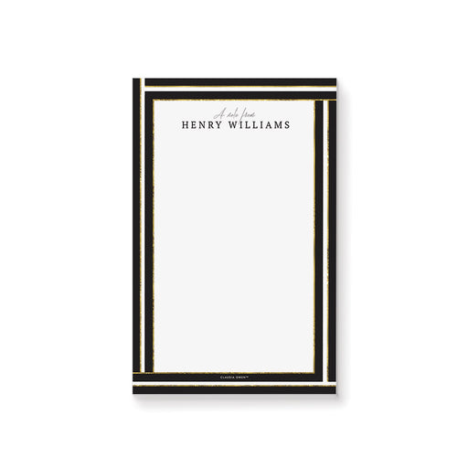 Personalized black and gold notepad with elegant border, custom name, and writing space