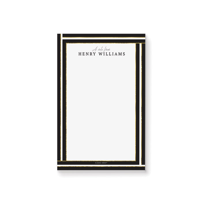 Personalized black and gold notepad with elegant border, custom name, and writing space