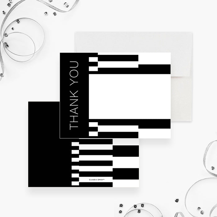Personalized black-and-white 21st birthday thank you card with bold geometric blocks, editable Thank You wording and handwritten-message area-front-back