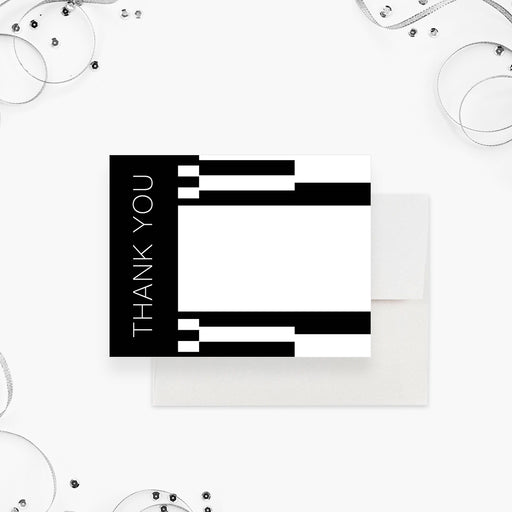 Personalized black-and-white 21st birthday thank you card with bold geometric blocks, editable Thank You wording and handwritten-message area-front