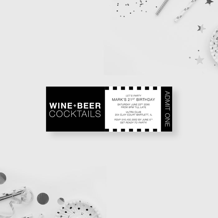 Personalized black-and-white 21st birthday ticket invitation for men with geometric blocks, party details, RSVP information and Admit One wording