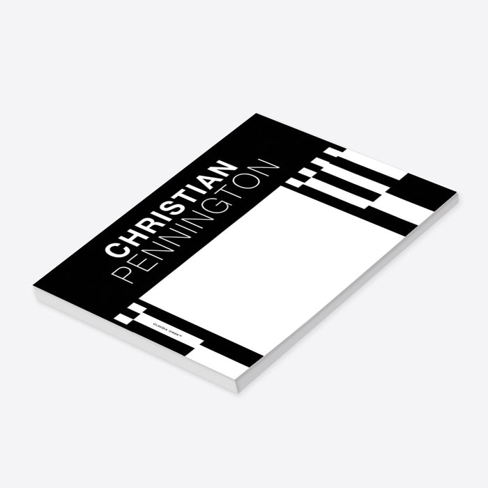 Personalized black-and-white geometric notepad for men with custom name, bold block pattern and spacious blank writing area-side