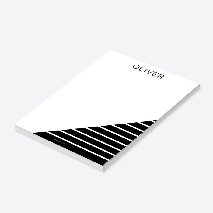 personalized black white notepad with modern geometric stripe design and custom name-side