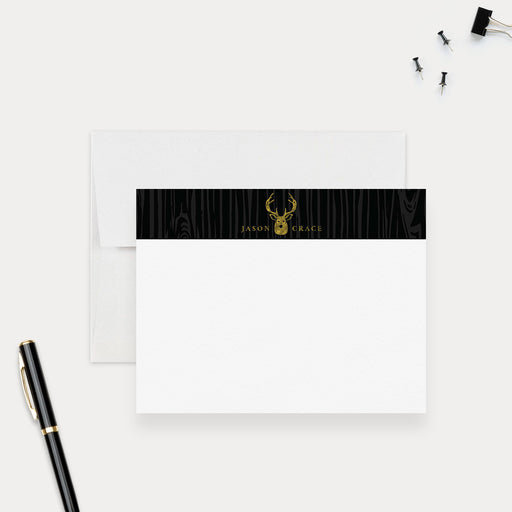 Personalized deer note cards with a gold deer illustration on a black wood grain band and a matching black wood grain reverse.