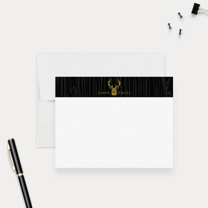 Personalized deer note cards with a gold deer illustration on a black wood grain band and a matching black wood grain reverse.