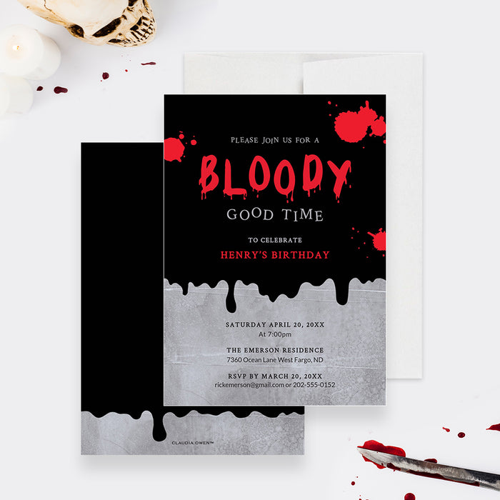 “Bloody Good Time” birthday invitation featuring blood splatter design on dark background