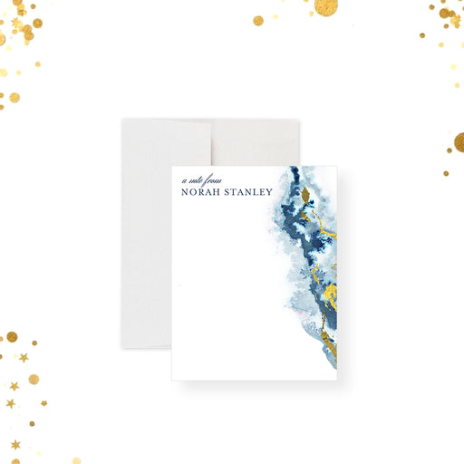 Personalized blue geode watercolor thank you card with gold accents-front