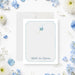 Personalized blue floral memorial thank you card with delicate dandelion flower, pale blue border, and custom name-front