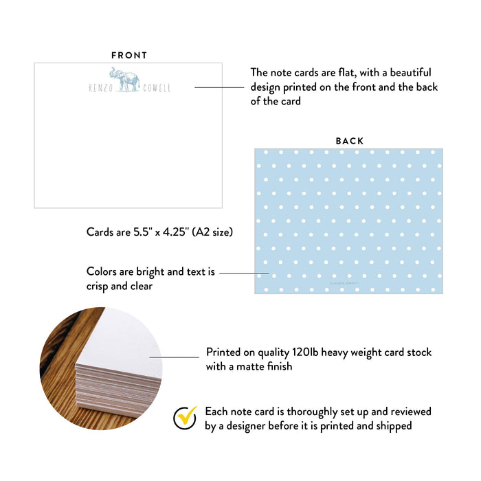 Front and back of personalized blue elephant baby shower thank you cards showing A2 dimensions and matte cardstock details.