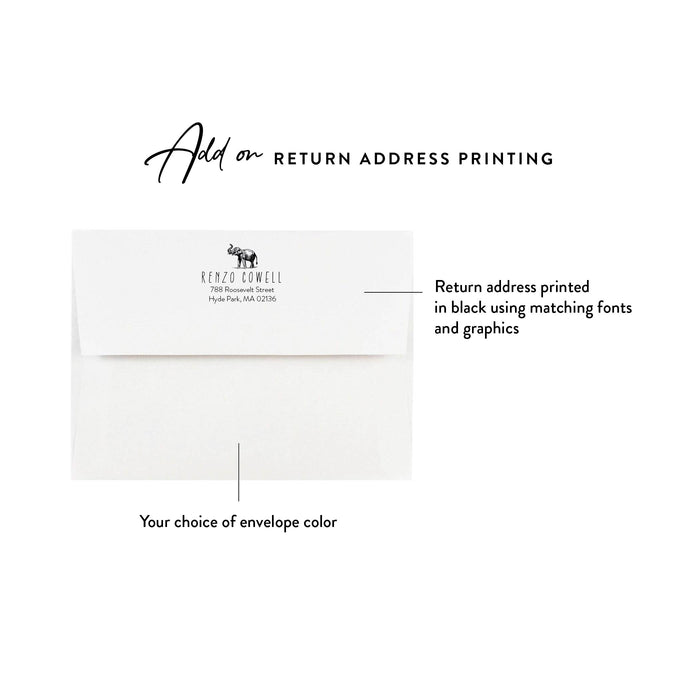 Optional return address printing example on a white envelope for personalized blue elephant baby shower thank you cards.