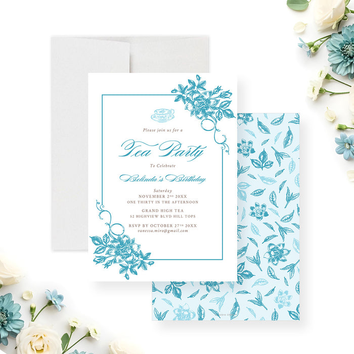 Personalized blue floral tea party birthday invitation, perfect for afternoon tea, garden parties, birthdays, showers, brunches, and elegant gatherings-front-back