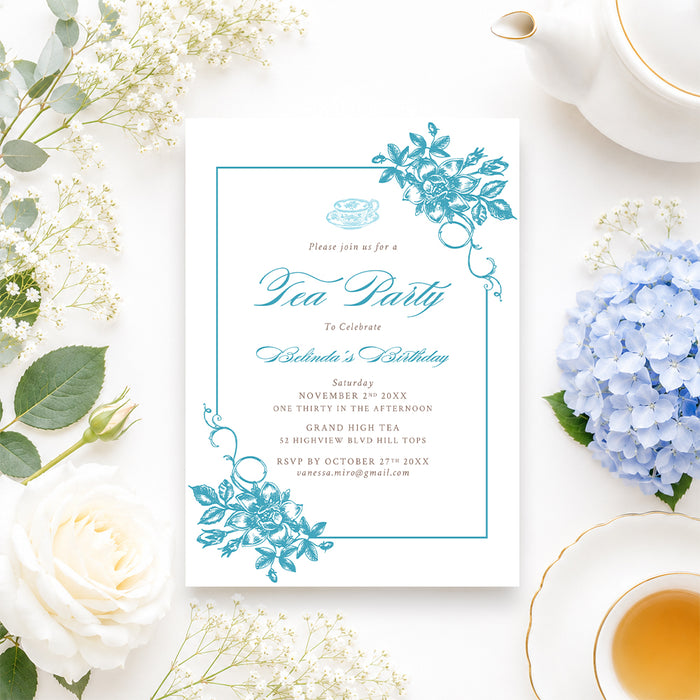 Personalized blue floral tea party birthday invitation, perfect for afternoon tea, garden parties, birthdays, showers, brunches, and elegant gatherings-front