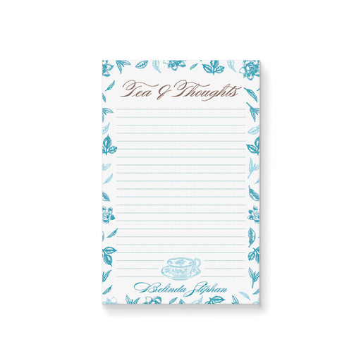 Personalized blue floral Tea and Thoughts notepad with botanical border, teacup illustration, lined writing space, and custom name