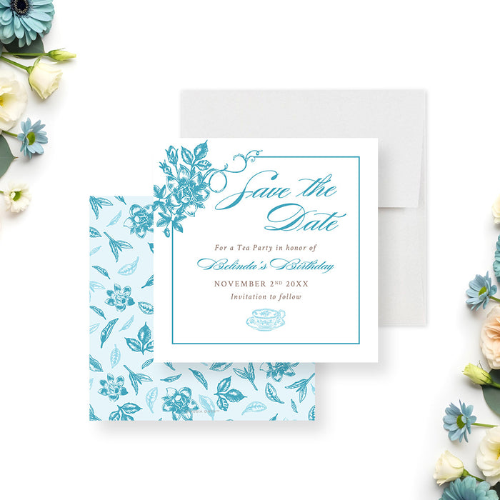 Personalized blue floral tea party save the date with botanical flowers, teacup illustration, and birthday celebration details-front-back