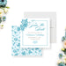 Personalized blue floral tea party save the date with botanical flowers, teacup illustration, and birthday celebration details-front-back
