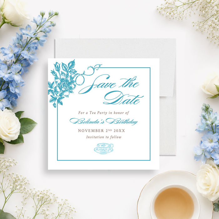 Personalized blue floral tea party save the date with botanical flowers, teacup illustration, and birthday celebration details-front