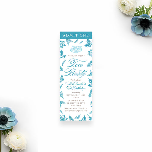 Personalized blue floral tea party ticket invitation with botanical details, teacup illustration, Admit One heading, and birthday event details