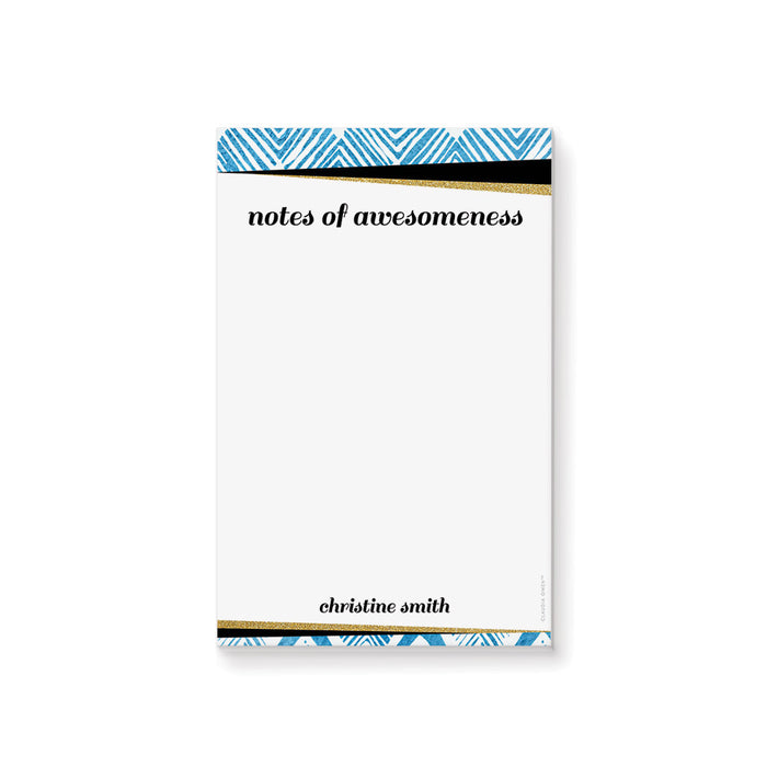 Personalized blue geometric notepad with custom name, perfect as a birthday party favor or stationery gift.