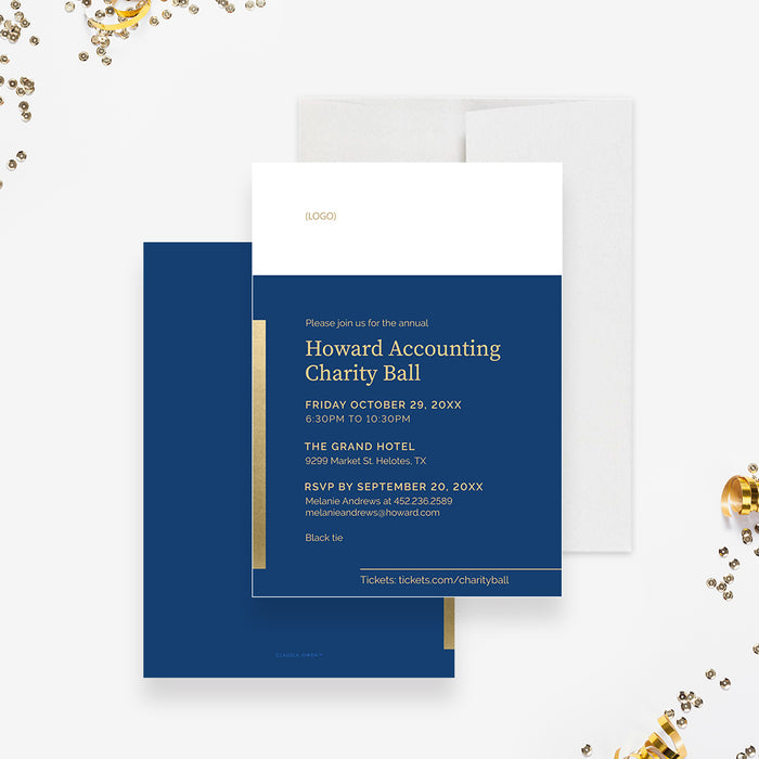 Personalized navy blue and gold charity ball invitation with event details, gold accents, and space for a logo.
