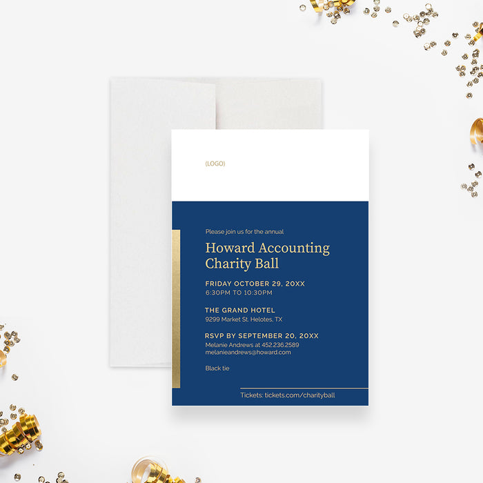 Personalized navy blue and gold charity ball invitation with event details, gold accents, and space for a logo.