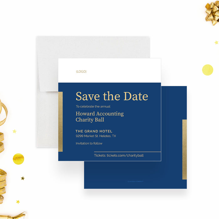 Personalized navy blue and gold charity ball save the date card with event details