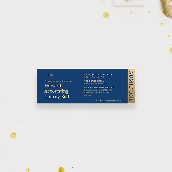 Personalized charity ball ticket invitation with navy blue and gold design, logo, event details, RSVP information, and Admit One ticket panel.