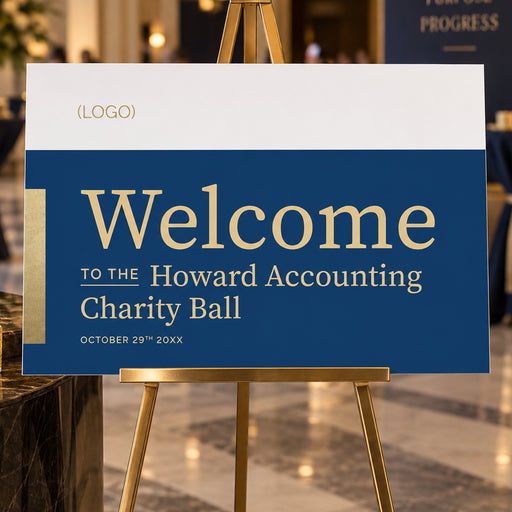 Blue and gold charity ball welcome sign on an easel with a logo area and personalized event details